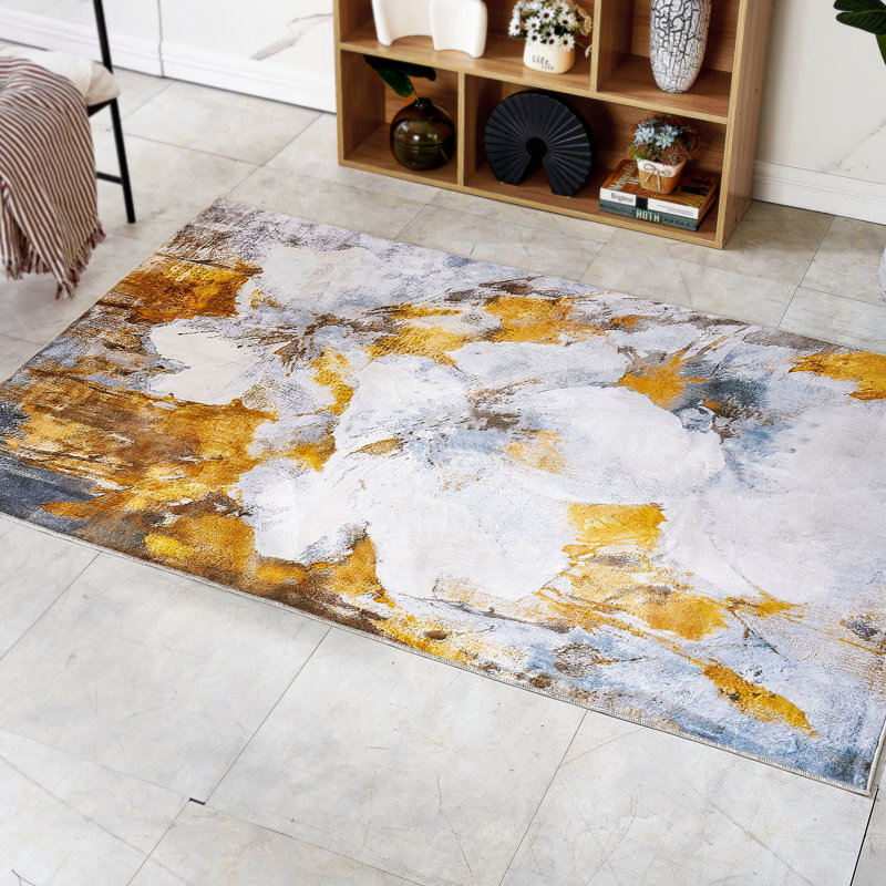 Katon Abstract Non-Slip Machine Washable Area Rug in Yellow/White/Grey for Living Room, Bedroom, Hallway Runner Indoor Rugs