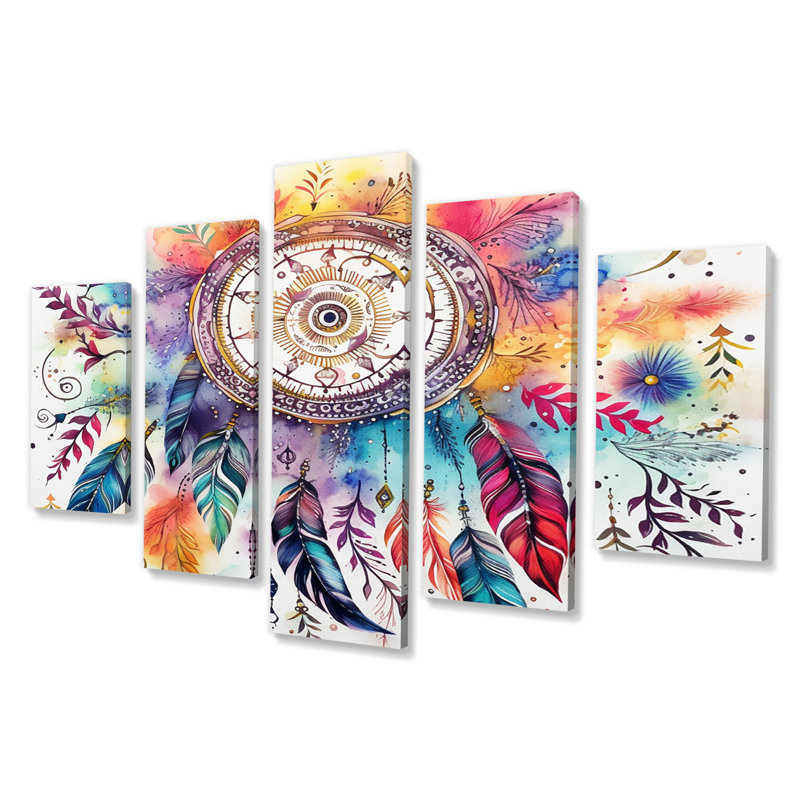 Rainbow Boho Dreamcatcher Watercolor II - Dream Catcher Wall Art Living Room - 5 panneaux