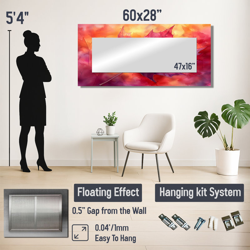 Automne feuille d'érable II - miroir à feuilles pour décoration murale - imprimé sur métal, 28 po x 60 po