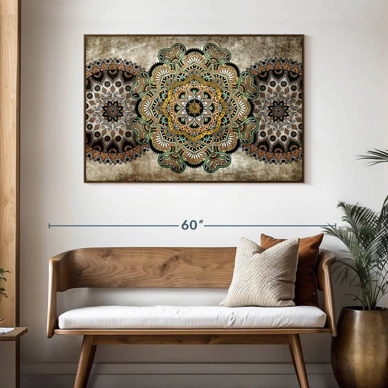 Mandalas rétro, 46 po x 31 po, Cadre flottant en noyer