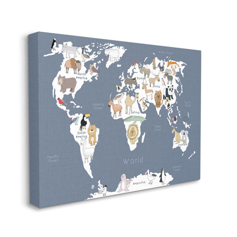 Adorable carte du monde des animaux, lion tigre, ours - impression, H 16 po x l 20 po x 1,5 po, Toile tendue