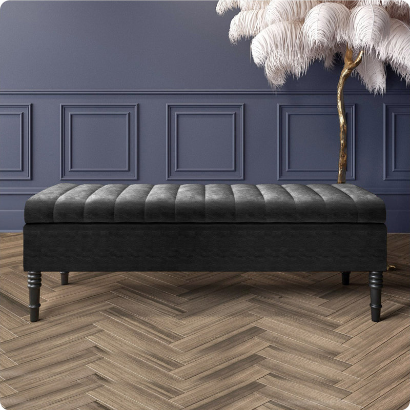 Safar Striped Ottoman Storage Bench – Upholstery Naples Shoe Bench with Black Turned Wooden Legs, Black