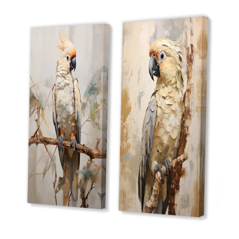 Beige perroquet élégance à plumes - ensemble de salon art mural perroquet de 2, Toile tendue, H 28 po x l 25 po