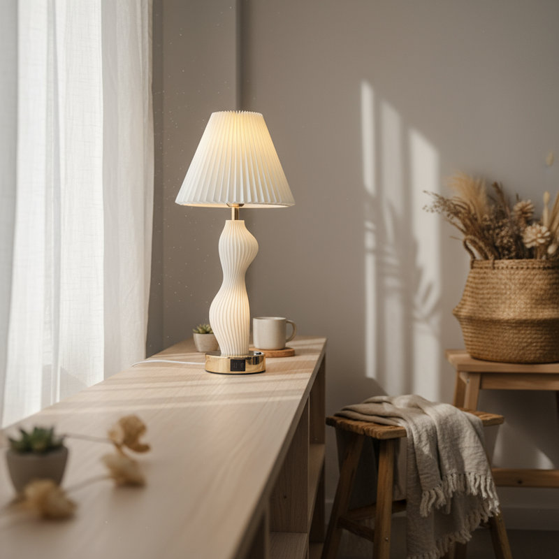 Double Glow Dual Light Rechargeable 3D Printed Bedside Lamp, Luminous Base & Pleated Fabric Shade LED Table Lamp, USB Cordless Nightstand Lamp