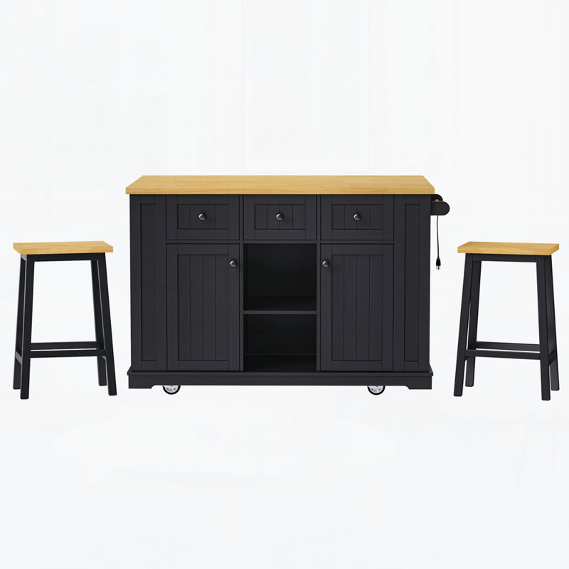 53Inch Large Kitchen Island With 2 Bar Stools, Power Outlet,Door Internal Storage Rack, Kitchen Storage Cart On 5 Wheels With Drop Leaf, 5 Open Side Racks, 3 Drawers