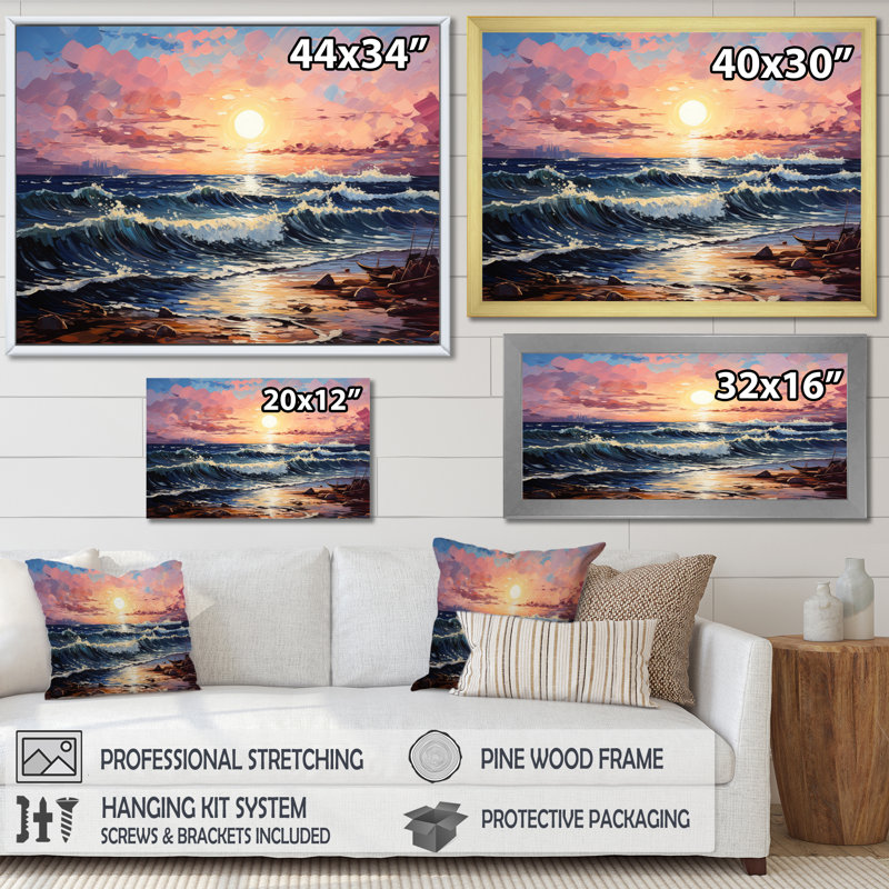 Beach Symphony Pointillism - Nautique et plage, reproduction d'art sur toile, Cadre photo noir, H 24 po x l 32 po x P 1 po
