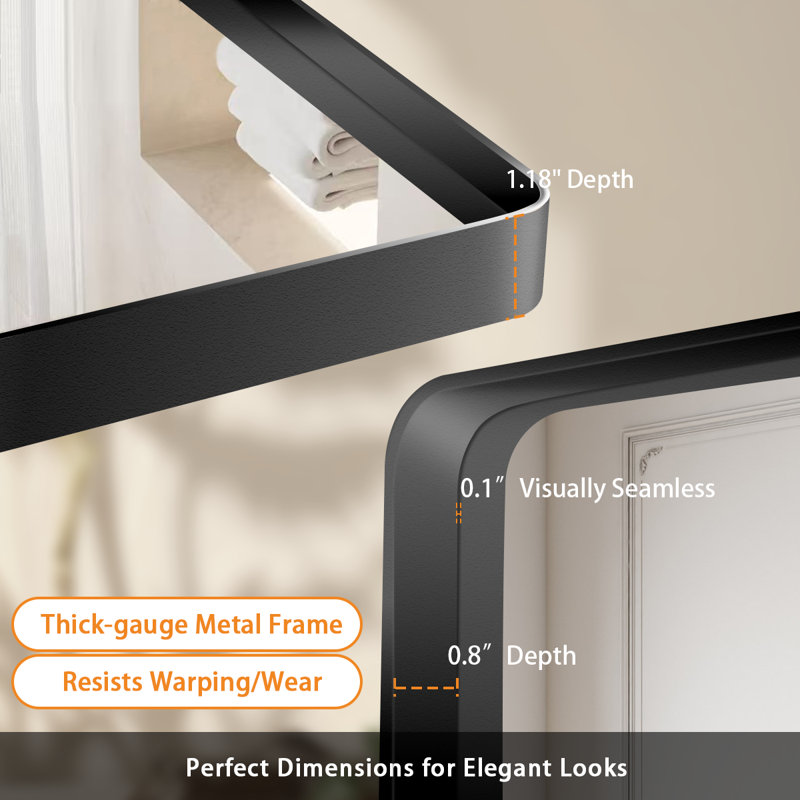 Lunara 1.18" Deep Rounded Corner Rectangular Bathroom Wall Mirror with Premium Tempered Glass & Aluminum Alloy Framed, Black