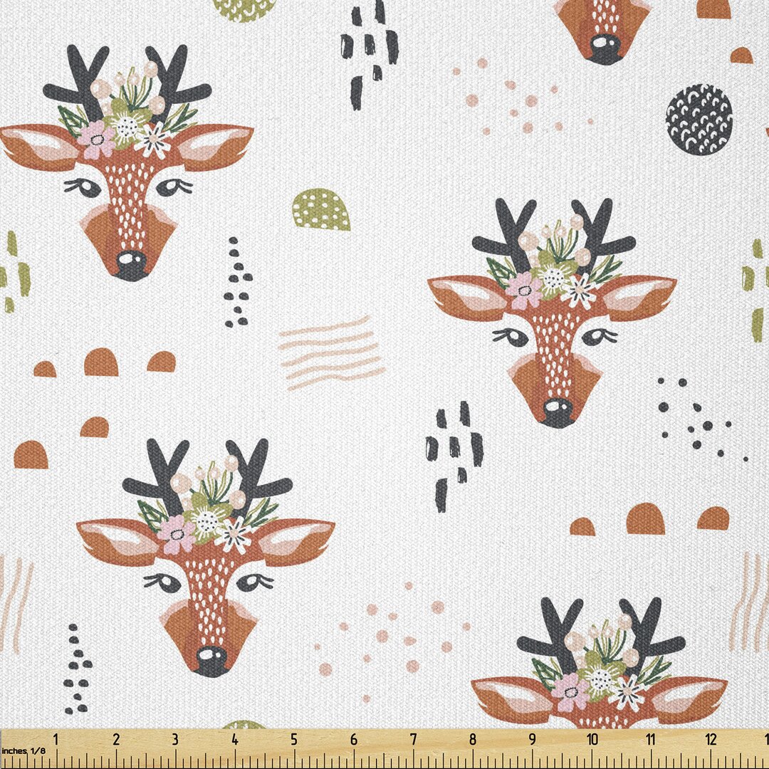 Stoff als Meterware, Deer Gesicht in Floral Design, Wald, Rust Rose und Dunkelblau Grau