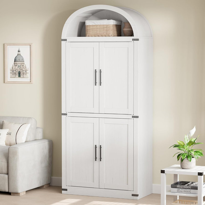 Armoire garde-manger arquée de style campagnard de 71,6 po de hauteur avec rangement fermé, blanc