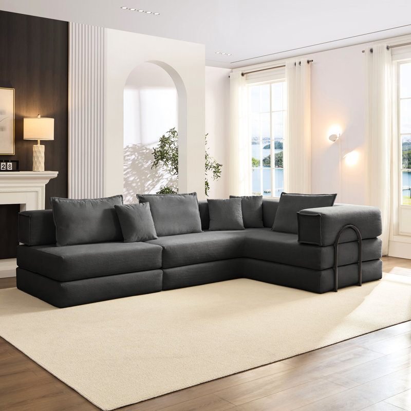 Canapé en L 118,2 po gris foncé avec 6 coussins, siège confortable, installation rapide pour appartement, canapé modulaire surdimensionné en velours côtelé, facile à assembler, espace de vie adapté