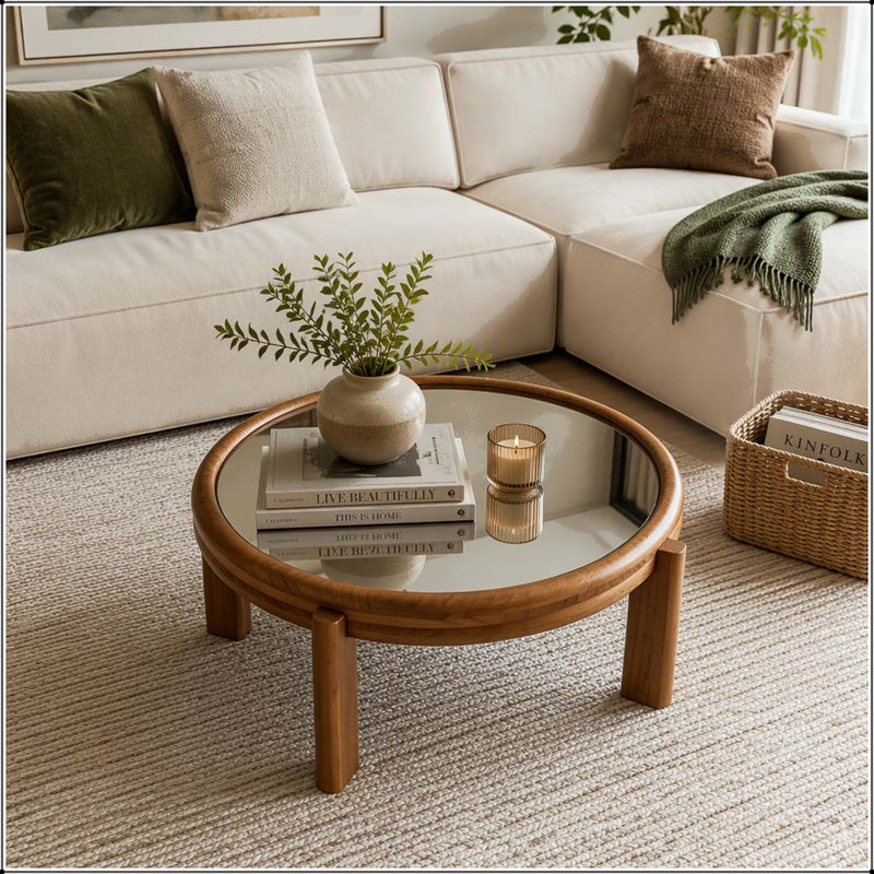 Table basse ronde 33,46 pouces avec plateau en miroir argenté et structure en bois massif et pieds cylindriques