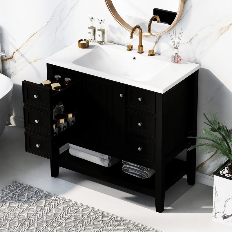 Meuble-lavabo 36 po avec lavabo et porte, armoire de rangement en céramique, Noir