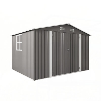 JBRHTWP8MQAPNM4E 10 x 8 FT Outdoor Storage Shed, Large Metal Storage Shed, Lockable Door and Air Vent, Clear Window Garden Tool Shed for Bicycles, Tools, Lawnmowers, B