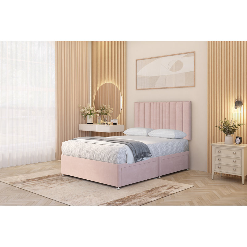 Alyssa Velvet Divan Bed Set Sprung Memory Foam Mattress & Headboard with Drawers, Kingsize (5'), Pink, 2 Draw
