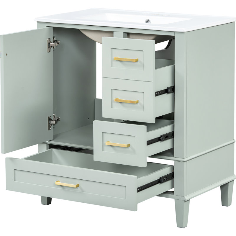 Meuble-lavabo 30 po: armoire avec 3 tiroirs, charnières à fermeture en douceur, lavabo en céramique lisse, poignées en alliage de zinc, meuble-lavabo facile à assembler: 1 porte à fermeture, bois massif, poignées