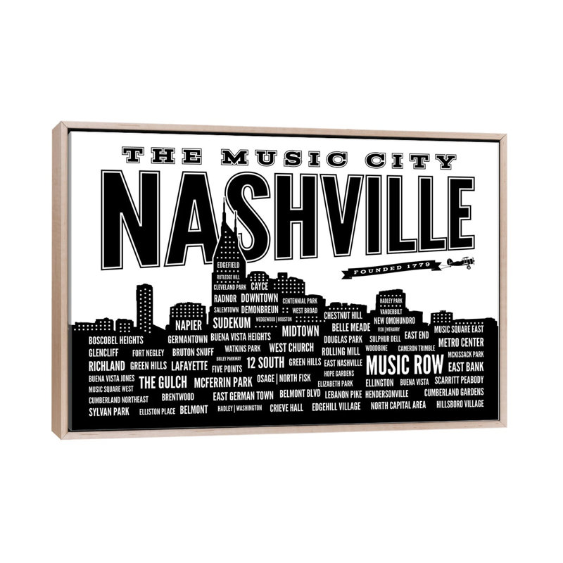 Nashville Neighborhoods by Benton Park Prints - Print on Canvas, 101.6cm H x 152.4cm W x 3.81cm D, Oak Floater Framed