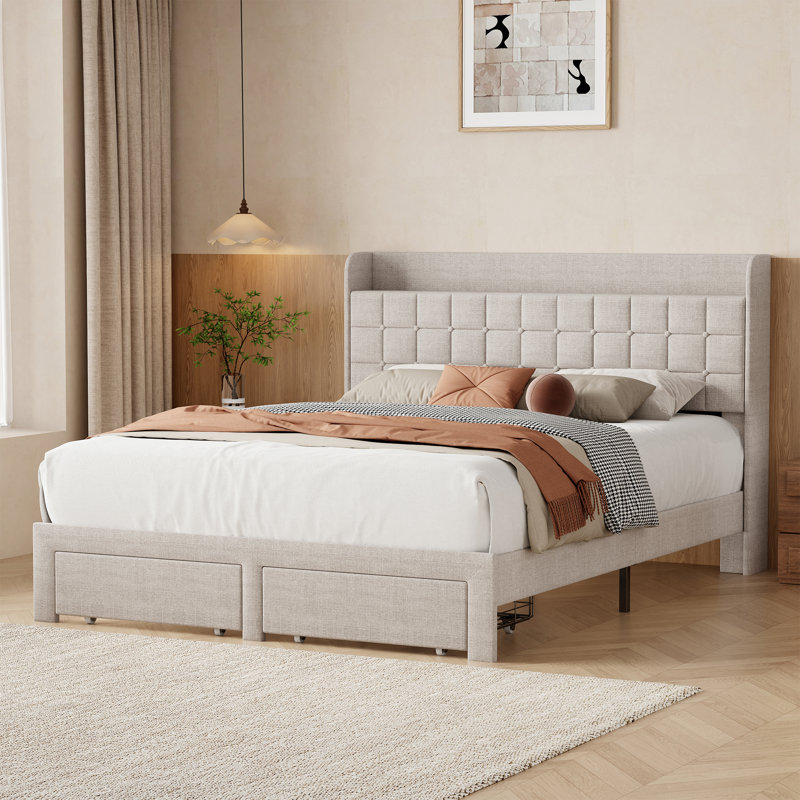 Upholstered Storage Bed with 2 Drawers and Storage Headboard , Beige, Queen