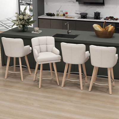 26''H Upholstered 360°Swivel Counter Height Bar Stools, Wood Legs Kitchen Island Chairs
