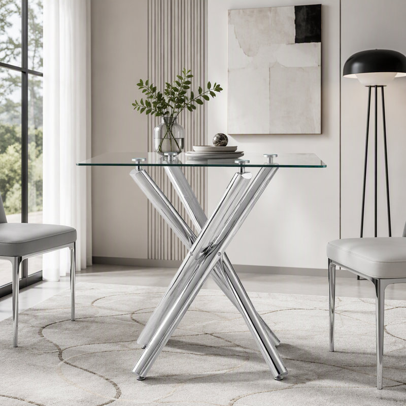 Table de bar moderne avec plateau en verre trempé et pieds croisés, Argent / transparent