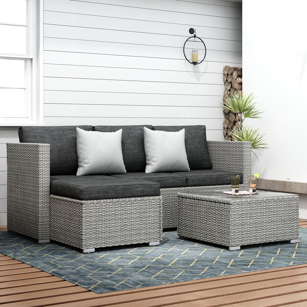 Southerland 3-Piece All-Weather PE Wicker Sectional Sofa Set Modular Outdoor Patio Furniture Seating Group with Cushions & Glass Table
