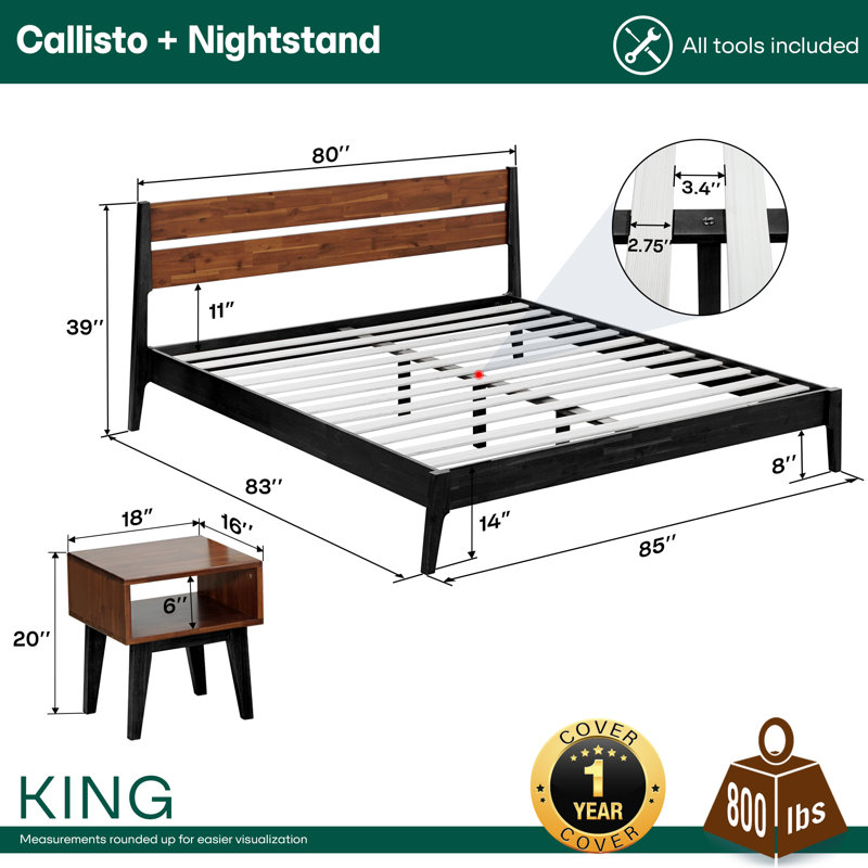 2-Pcs Bedroom Set Callisto – Solid Wood Platform Bed Frame & Matching Nightstand. Mid-Century Modern Farmhouse. 800 lbs Capacity. No Box Spring Needed