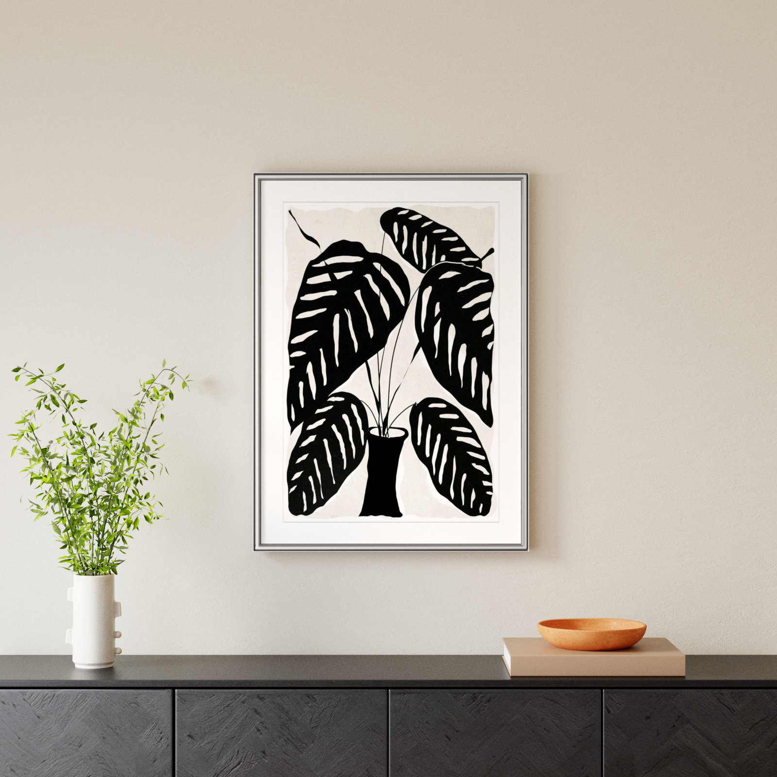 Black And White Potted Plant I by Daniela Santiago, Silver Framed, 36.75" H x 26.75" W x 0.88" D
