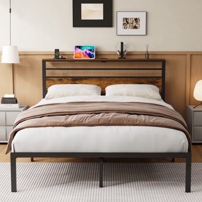Queen Bed Frame, Vintage Industrial Platform Bed with Storage, Wooden Headboard, Retro Storage, Charging Station, and Quiet Design