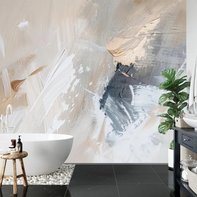 Murale beige et gris à coup de pinceau abstrait, L 108 po x l 96 po