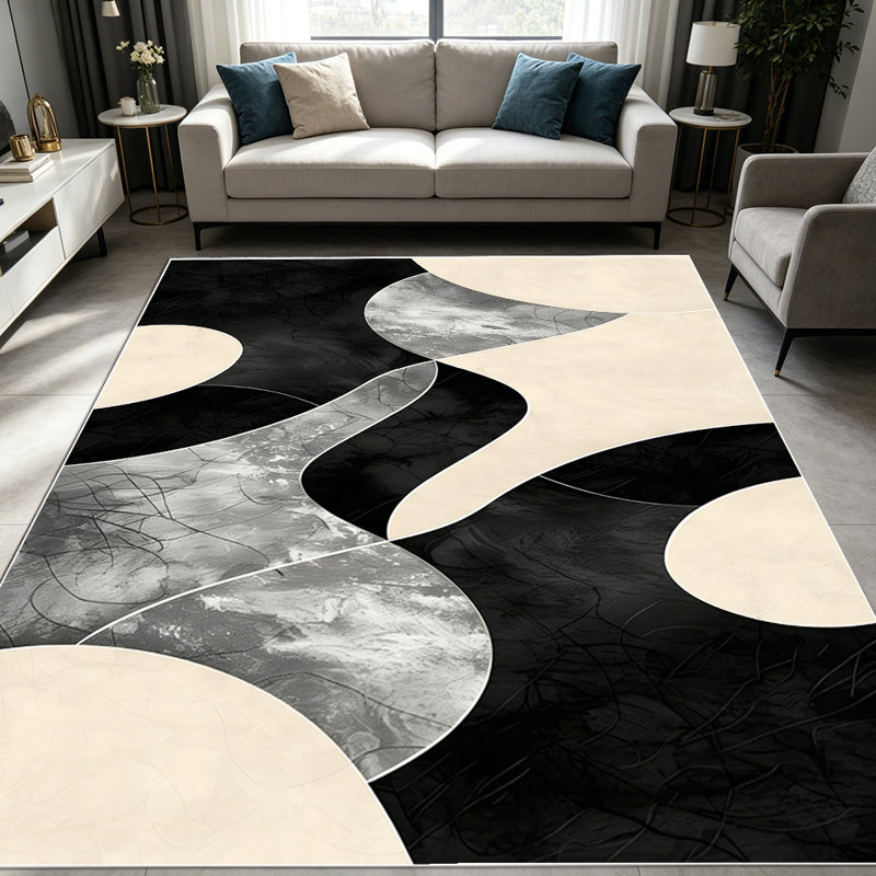 1PC Abstract Wavy Black Grey Beige Geometric area rugs for Living Room, Soft and Comfortable, Suitable for all seasons, easy-to-maintain, machine washable Indoor floor mat, Under Table Farmhouse suitable for dining room, bedroom, entryway, home