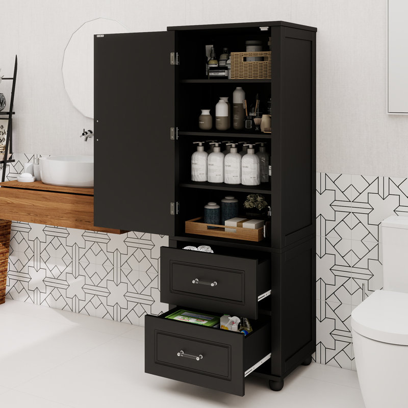 Grande armoire de rangement pour salle de bain, armoire de rangement autoportante avec deux tiroirs et tablette réglable, panneau de fibres à densité moyenne avec finition peinte, noir
