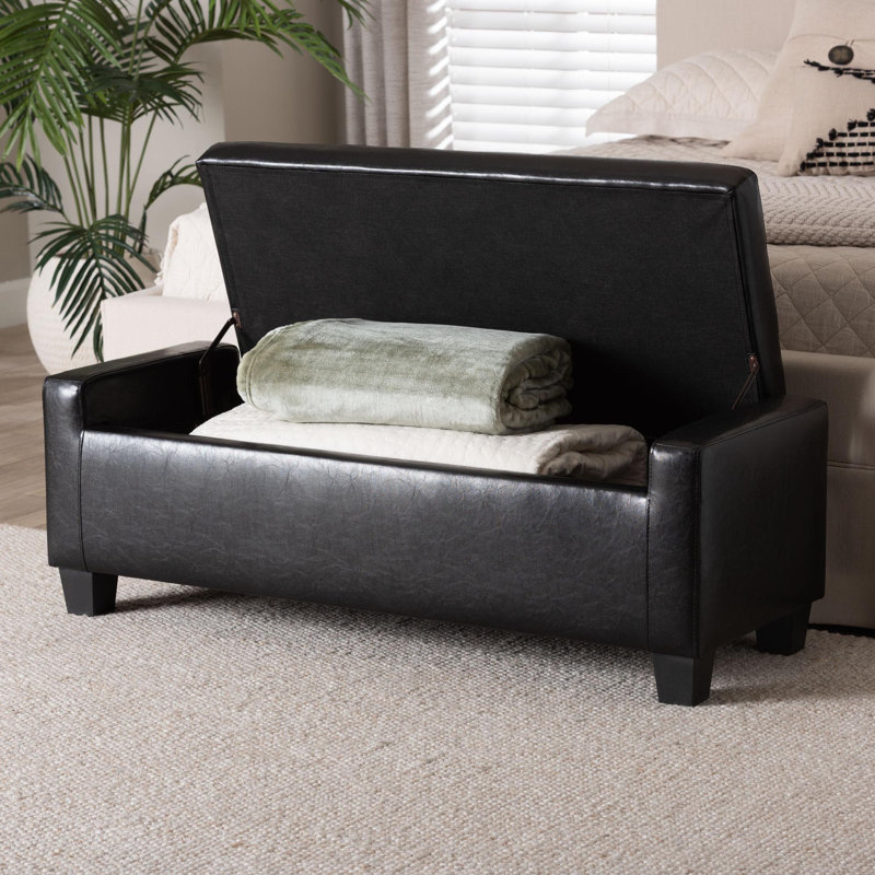 Kaimilani Faux Leather Ottoman, Black Faux Leather