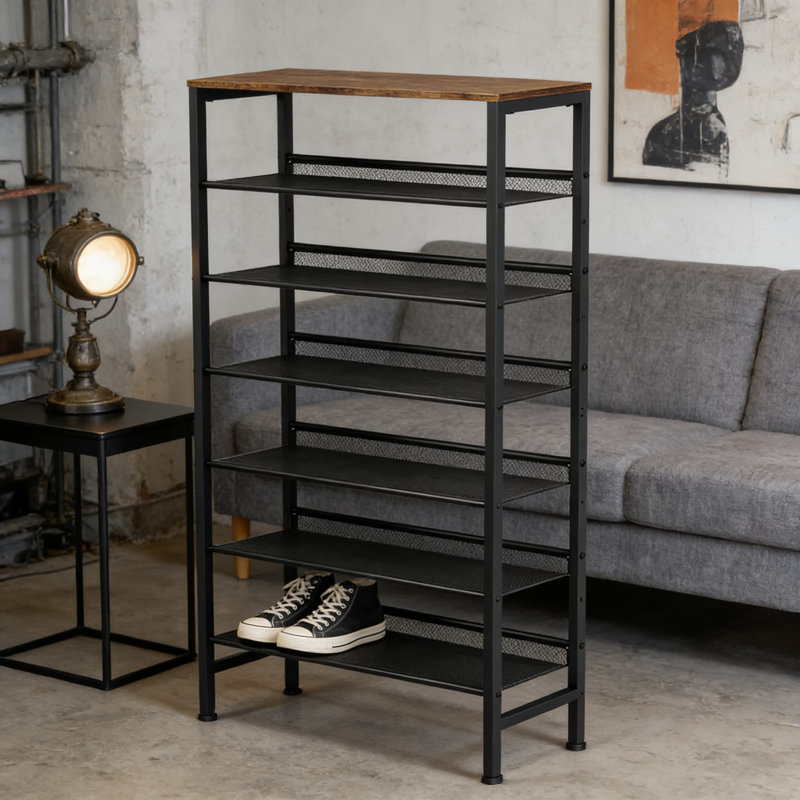 Range-chaussures robuste en métal à 8 niveaux avec tablette supérieure en bois, rangement vertical de grande capacité pour placard, vestibule et porte