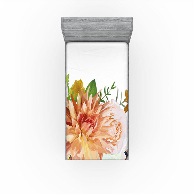 Drap-housse orange Ambesonne, Saumon / fougère / vert / floral kaki, Drap-housse pour lit simple TG