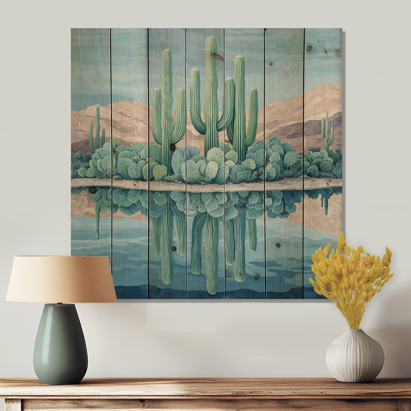 Cactus et l'oasis du désert I - Art mural floral en bois de cactus - sur bois de pin naturel, H 25 po x l 25 po x P 0,78 po