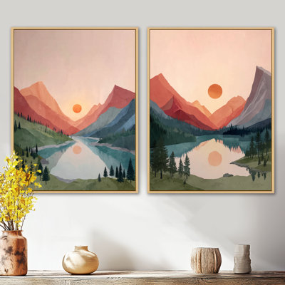 Pink And Blue Summer Mountain And Lake Scenery - Mountain Wall Decor Set of 2