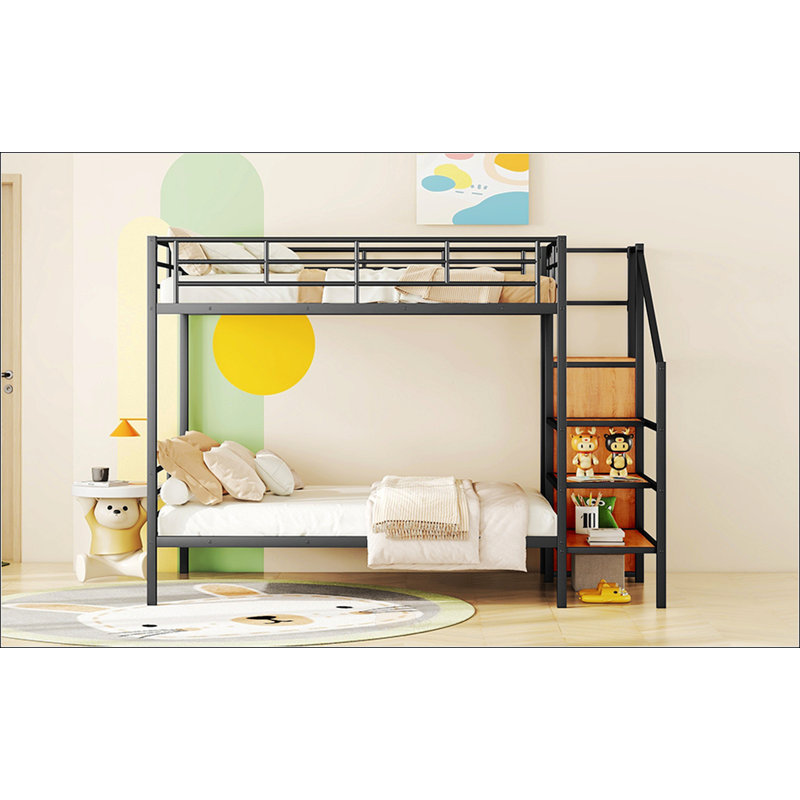 Lit superposé double en métal avec échelle de rangement latérale et garde-robe