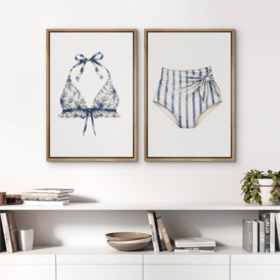 Blue White Summer Swimwear Fashion Set Framed Canvas Master Bedroom Wall Art Work 2 Pieces Print