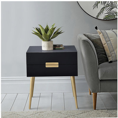 Table d'appoint noire et dorée avec deux tiroirs