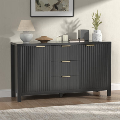 Sideboard Storage Cabinet, Fluted Credenza Buffet Cabinet With Two Doors And Three Drawers For Kitchen And Living Room, Black
