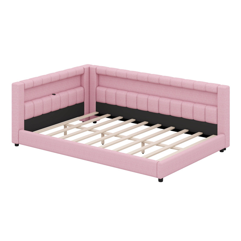 Upholstered Daybed With Storage Headboard, L-Shaped Corner Bed Frame With Charging Station & LED Lighting, Full XL, Pink