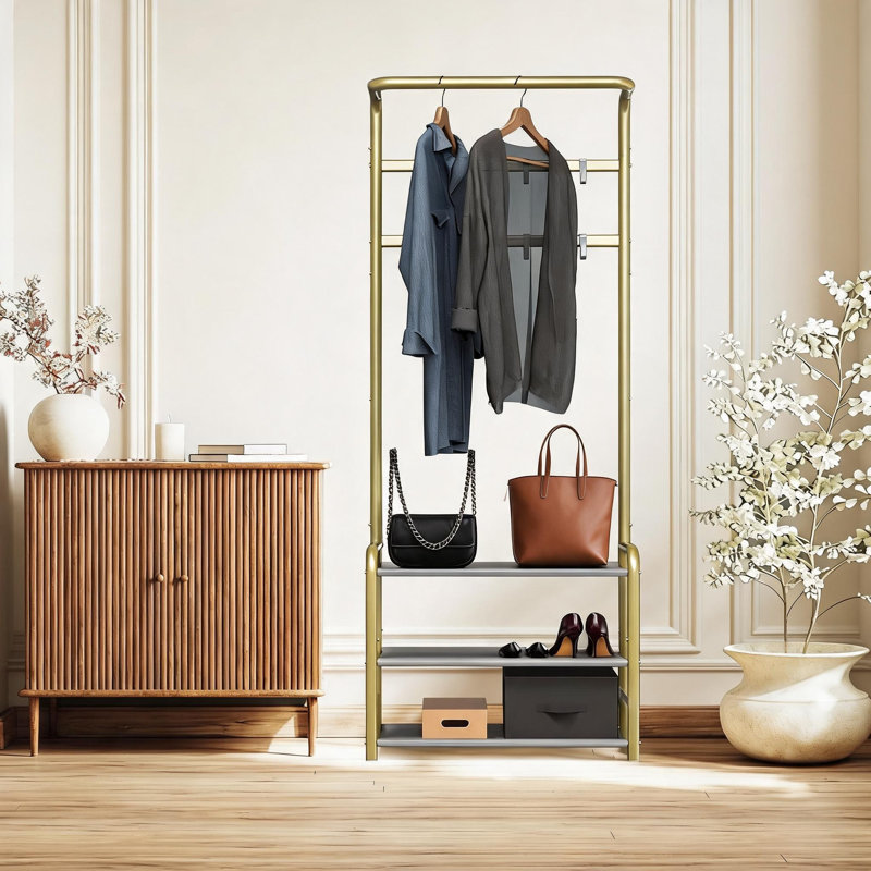 Gold-Colored Metal Floor-Standing Coat Rack With Built-In Shelves And Hooks; Suitable For Use In Hallways, Bedrooms, And Offices; Can Store Clothes And Bags.