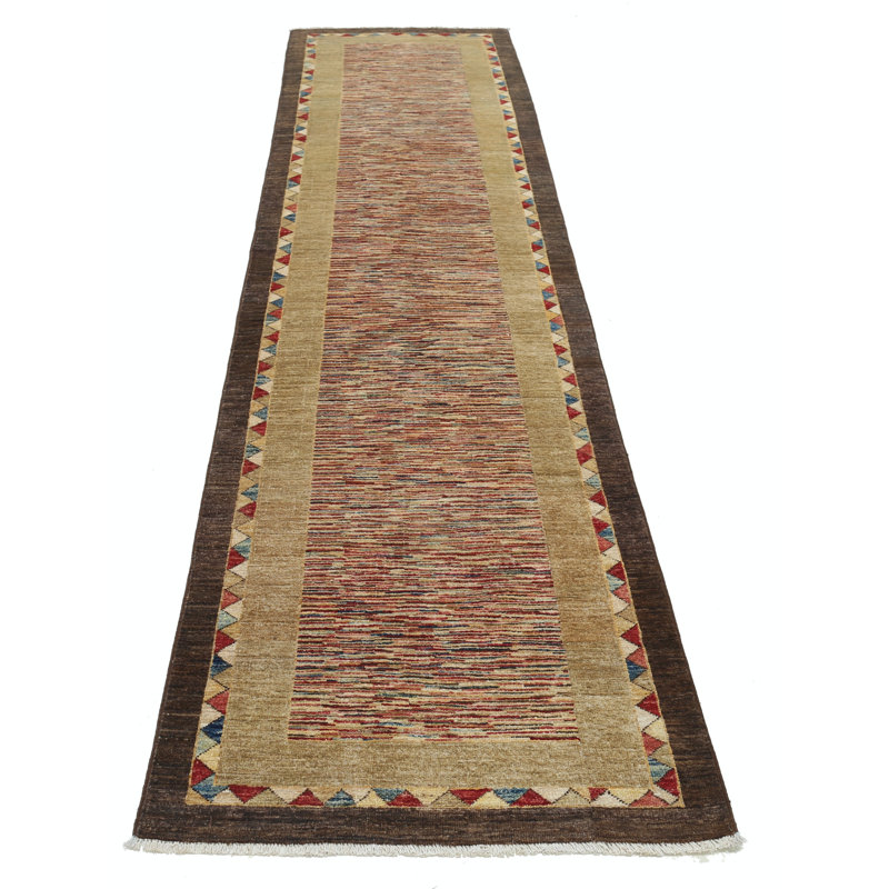 Tapis de couloir 2,8 po x 11,5 pi beige, brun et rouge noué à la main pour la cuisine, tapis de couloir en laine, tapis de couloir, tapis d'escalier