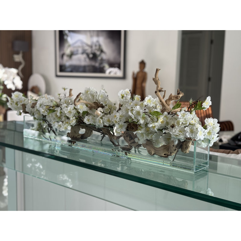 Cherry Blossoms In Glass Planter, 8" H x 50" W x 6" D