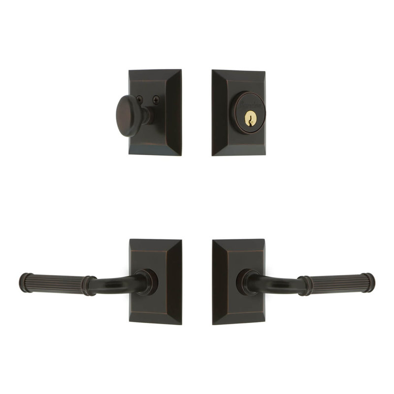 Fifth Avenue Square Rosette Complete Entry Set with Single Cylinder Deadbolt and Soleil Lever, 2.75", Right Handed
