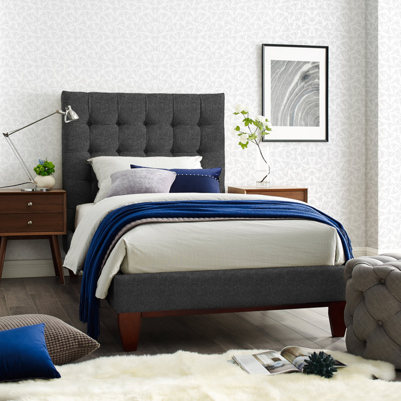 Ibison Bond Bedframe with Button Tufted Headboard, Linen, Full, Light Gray