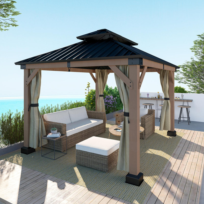 10 ft x 12 ft Fir Wood Frame Patio Gazebo with Steel Hardtop Roof