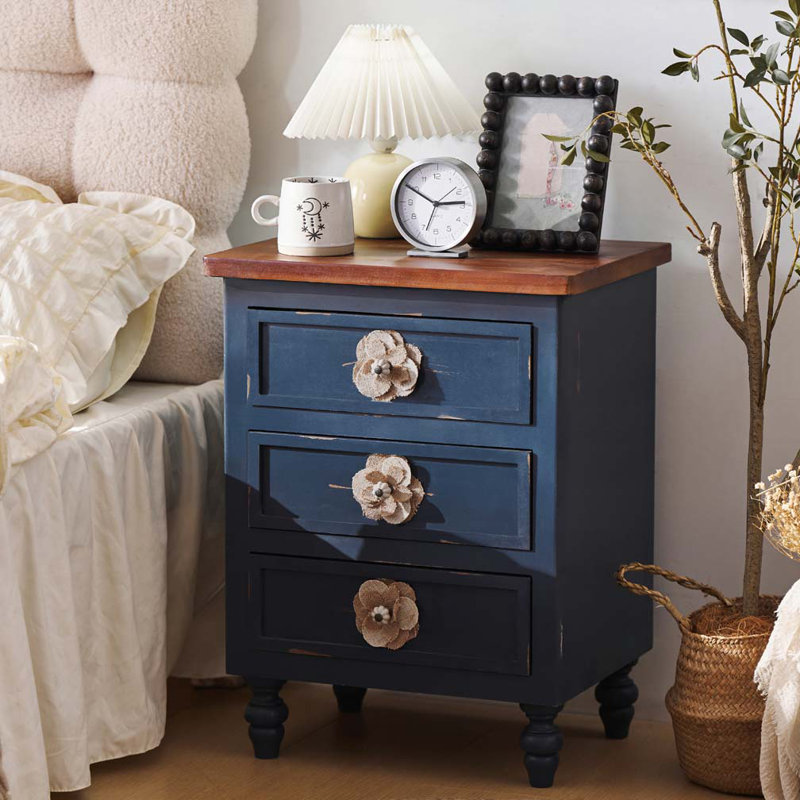 Table d'appoint 3 tiroirs avec rangement, Bleu antique