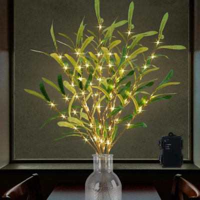3Pcs Nearly Natural 28-in Artificial Olive Tree Branch Stems with Warm White LED Lights, Set of 3 Faux Olive Tree Branches for Indoor Home Décor, Pre-lit Fake Tree Branches