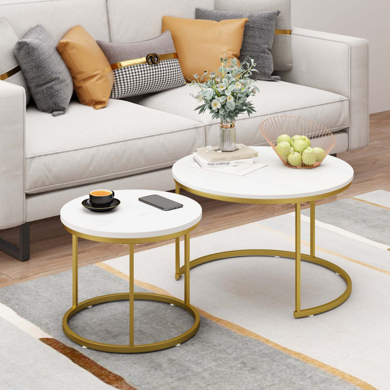 Ensemble de tables basses Modern Nesting avec plateau en marbre et structure en métal robuste, White