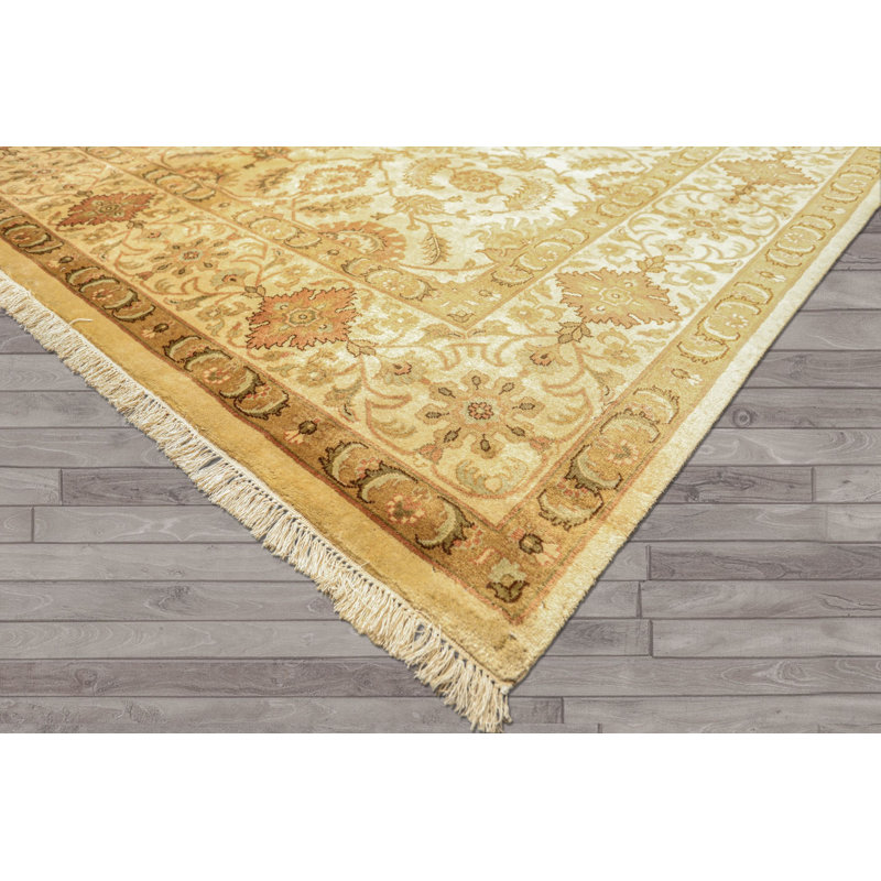 Tapis Oushak en laine beige rosé de style transitionnel, noué à la main, 246 x 320 cm